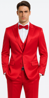 Men's Red Satin Slim Fit 3 Piece Tazzio Suit with Double Breasted Vest and Peak Lapel Jacket