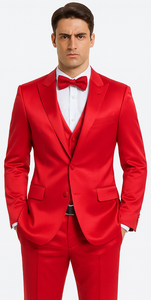 Men's Red Satin Slim Fit 3 Piece Tazzio Suit with Double Breasted Vest and Peak Lapel Jacket