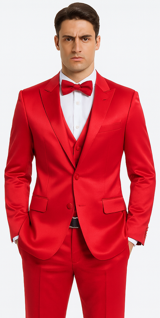 Men's Red Satin Slim Fit 3 Piece Tazzio Suit with Double Breasted Vest and Peak Lapel Jacket
