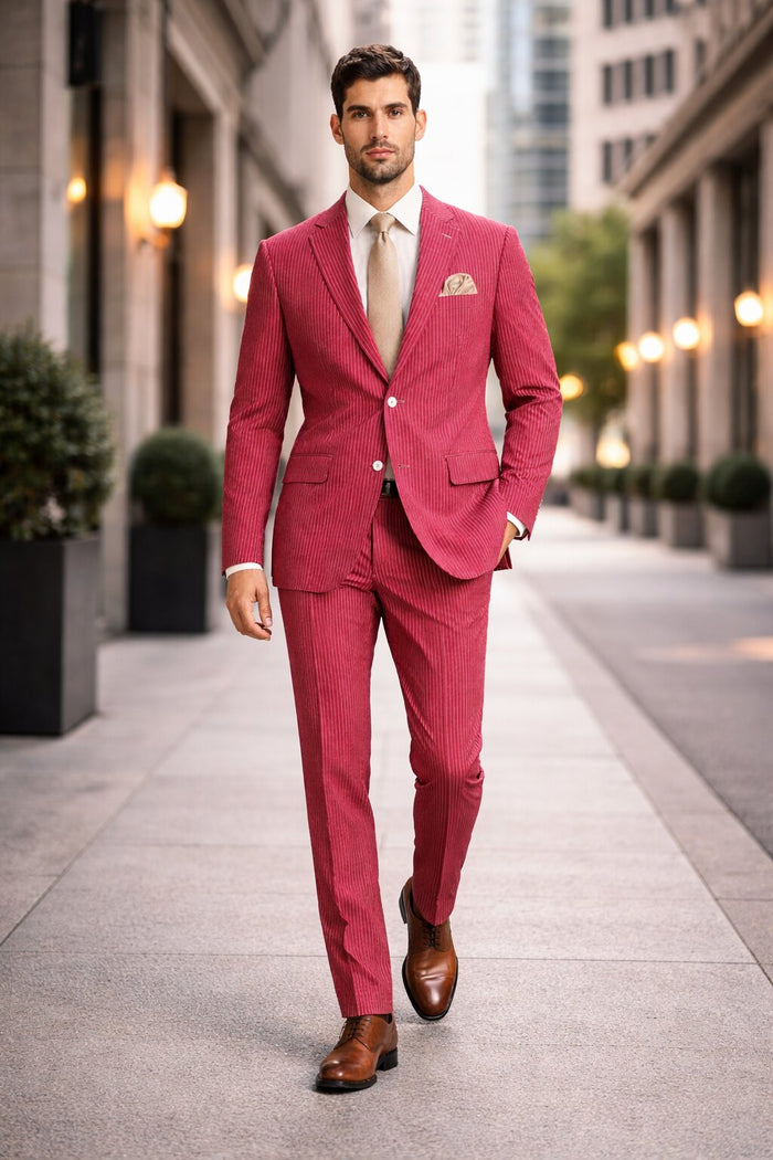 Modern Fit Summer 2 Piece 2 Button Suit Striped Seersucker in Navy