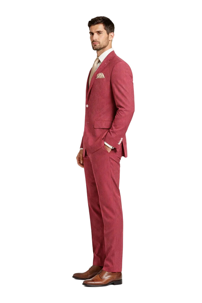 Modern Fit Summer 2 Piece 2 Button Suit Striped Seersucker in Navy