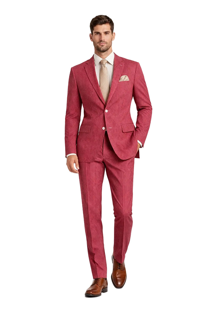 Modern Fit Summer 2 Piece 2 Button Suit Striped Seersucker in Navy