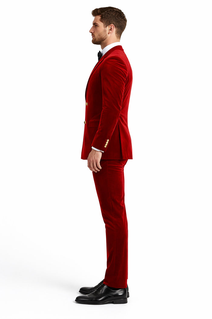 Mens Velvet Suit - Slim Fit Double Breasted Suit Blazer and Pants - Green
