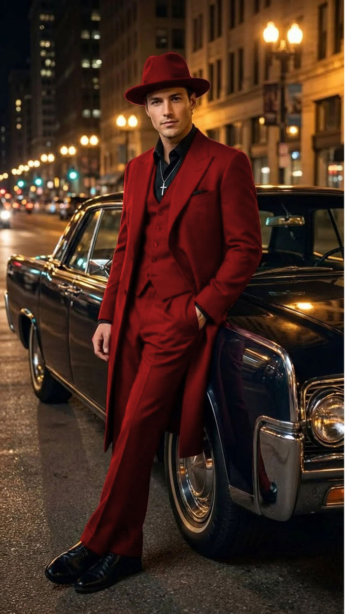 Men’s 1920s Burgundy Zoot Suit – Long Mafia Gangster Three-Piece Vintage Outfit Zuit Pachuco Style