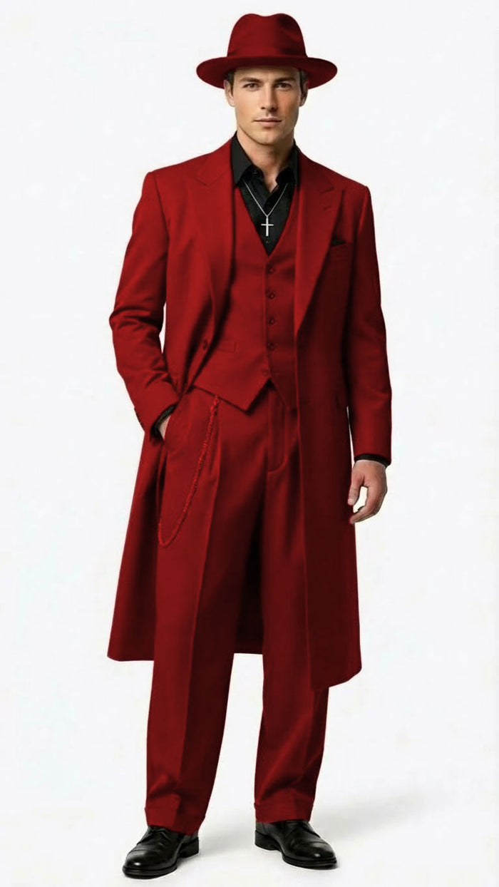 Men’s 1920s Burgundy Zoot Suit – Long Mafia Gangster Three-Piece Vintage Outfit Zuit Pachuco Style