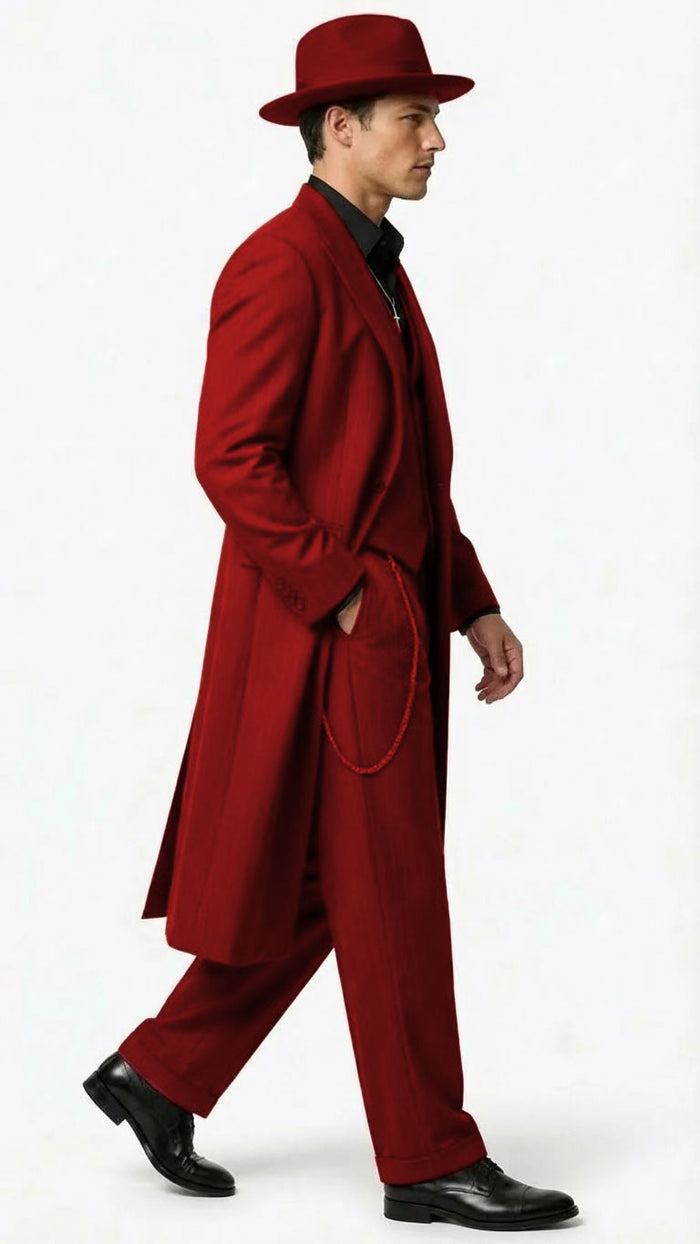 Men’s 1920s Burgundy Zoot Suit – Long Mafia Gangster Three-Piece Vintage Outfit Zuit Pachuco Style