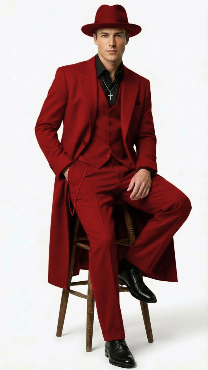 Men’s 1920s Burgundy Zoot Suit – Long Mafia Gangster Three-Piece Vintage Outfit Zuit Pachuco Style