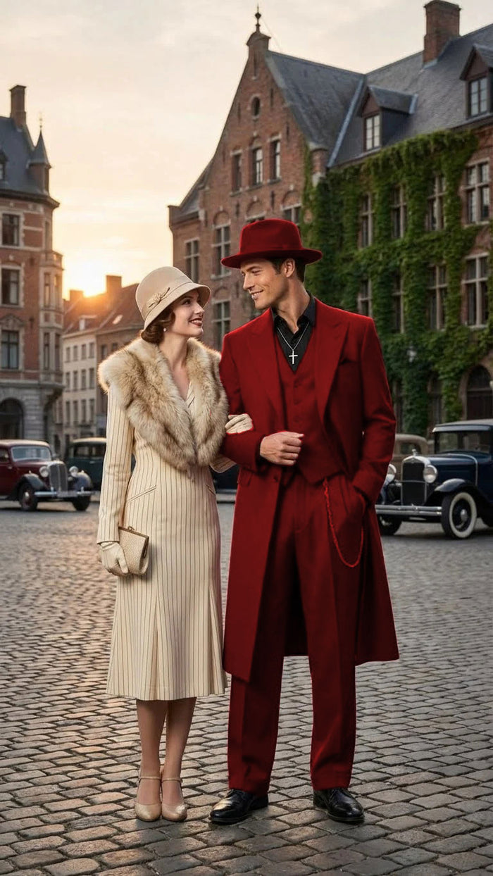 Men’s 1920s Burgundy Zoot Suit – Long Mafia Gangster Three-Piece Vintage Outfit Zuit Pachuco Style