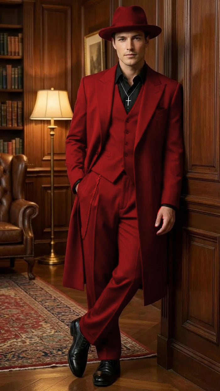 Men’s 1920s Burgundy Zoot Suit – Long Mafia Gangster Three-Piece Vintage Outfit Zuit Pachuco Style