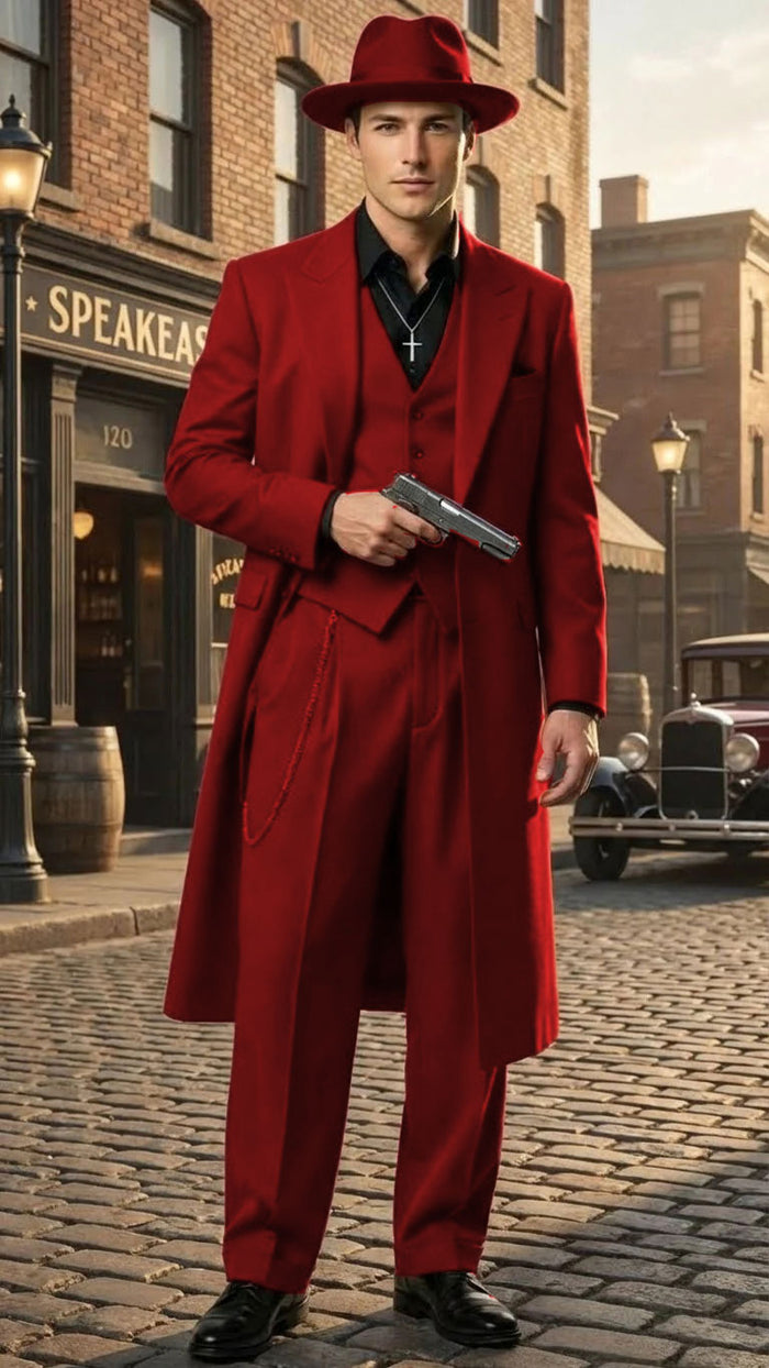 Men’s 1920s Burgundy Zoot Suit – Long Mafia Gangster Three-Piece Vintage Outfit Zuit Pachuco Style