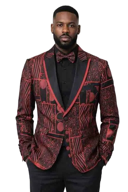 Mens Red and Black Paisley Prom Blazer – Slim Fit Luxury Floral Tuxedo Jacket