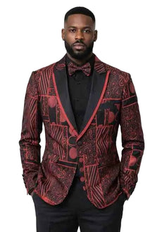 Mens Red and Black Paisley Prom Blazer – Slim Fit Luxury Floral Tuxedo Jacket