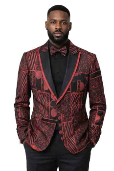 Mens Red and Black Paisley Prom Blazer – Slim Fit Luxury Floral Tuxedo Jacket