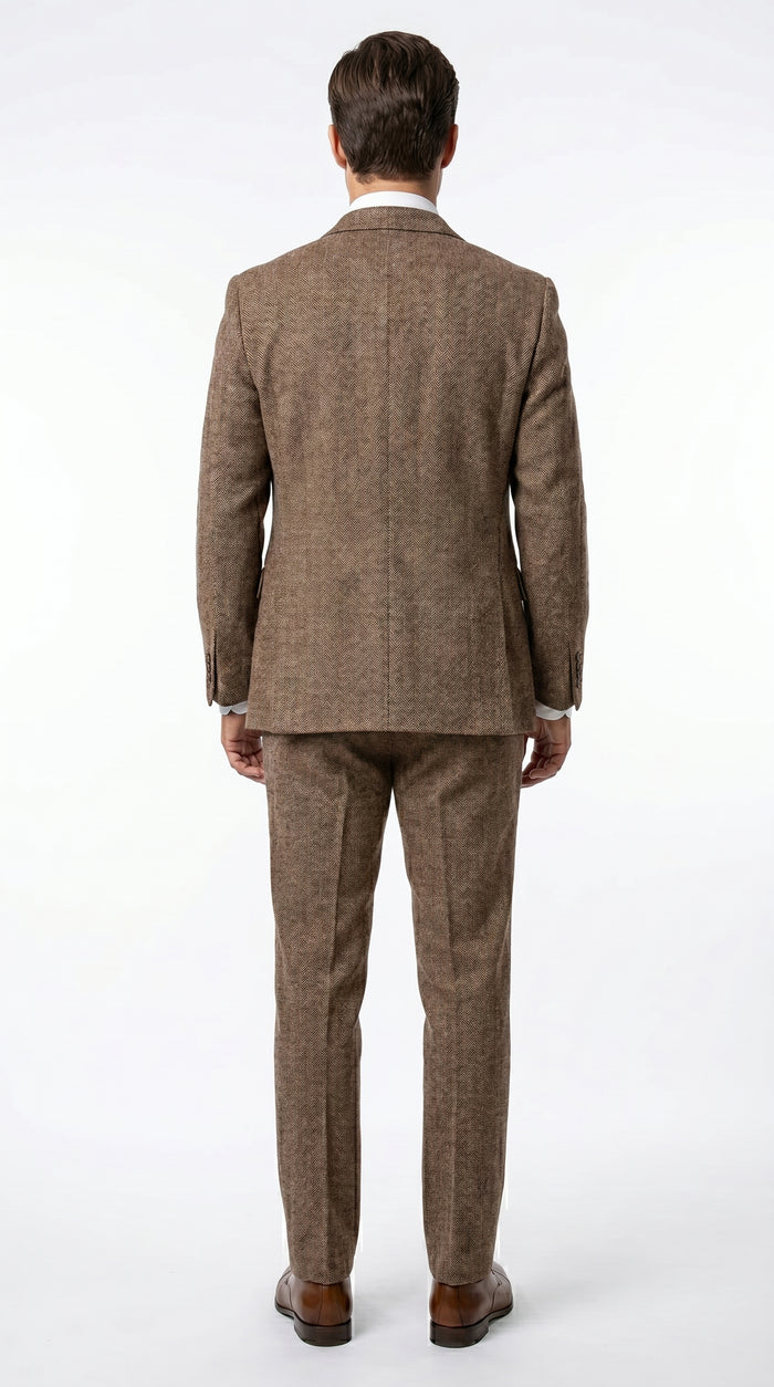Men’s Light Brown Great Gatsby Tweed Herringbone Vested Suit, Tobey Maguire Inspired 1920s Formal Outfit Modern Fit