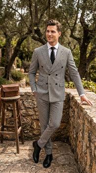 Men’s Black and White Houndstooth 2 Piece Wool Suit with Double Breasted Jacket and Pants