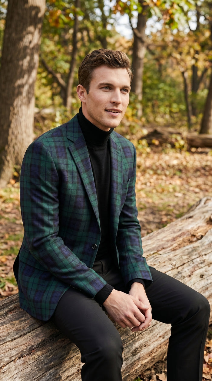 Men’s Green Tartan Plaid Dinner Jacket with Notch Lapel, Formal Sportcoat Blazer