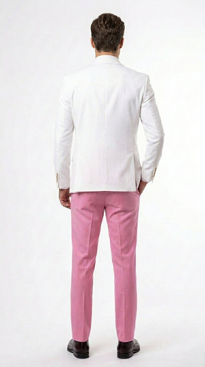 Men’s White and Light Pink Tuxedo Wedding Suit with Dinner Jacket, Vest, Pants and Bow Tie