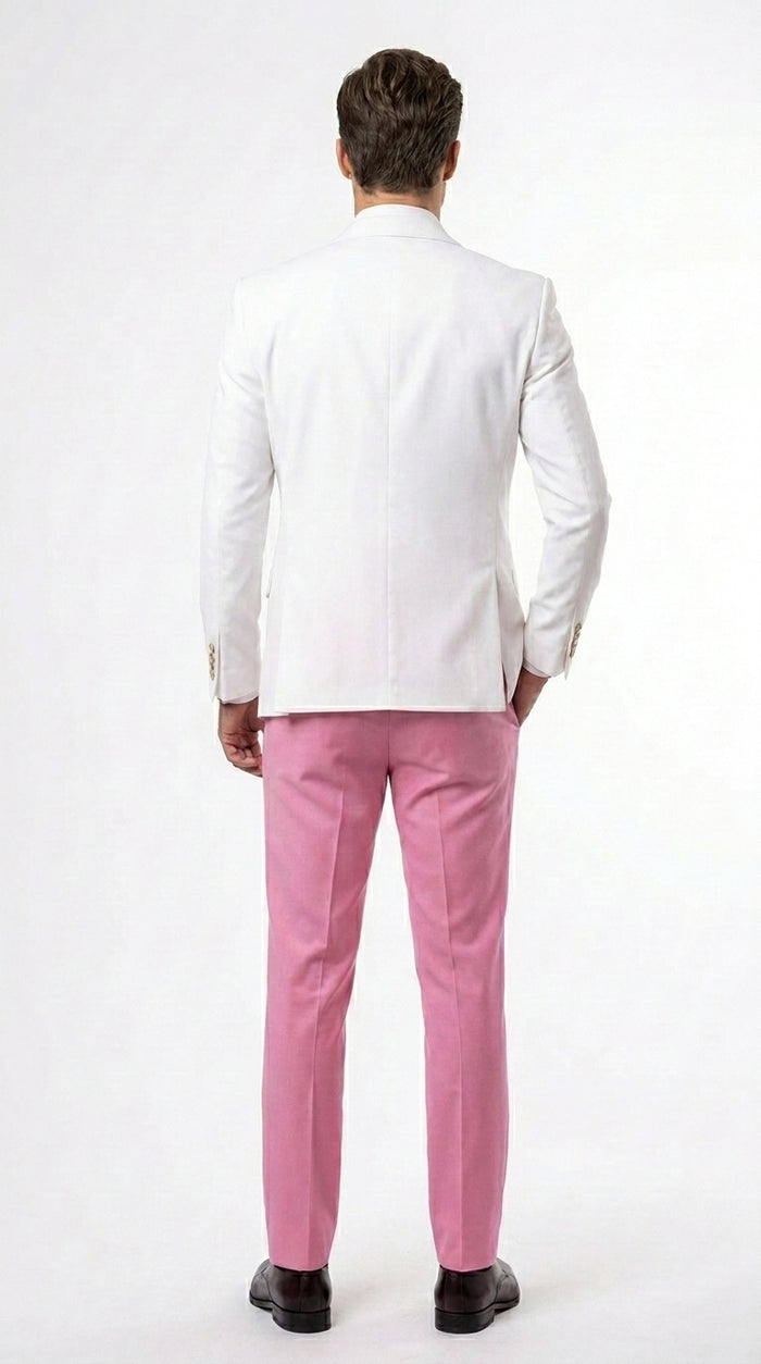 Men’s White and Light Pink Tuxedo Wedding Suit with Dinner Jacket, Vest, Pants and Bow Tie