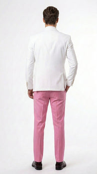 Men’s White and Light Pink Tuxedo Wedding Suit with Dinner Jacket, Vest, Pants and Bow Tie