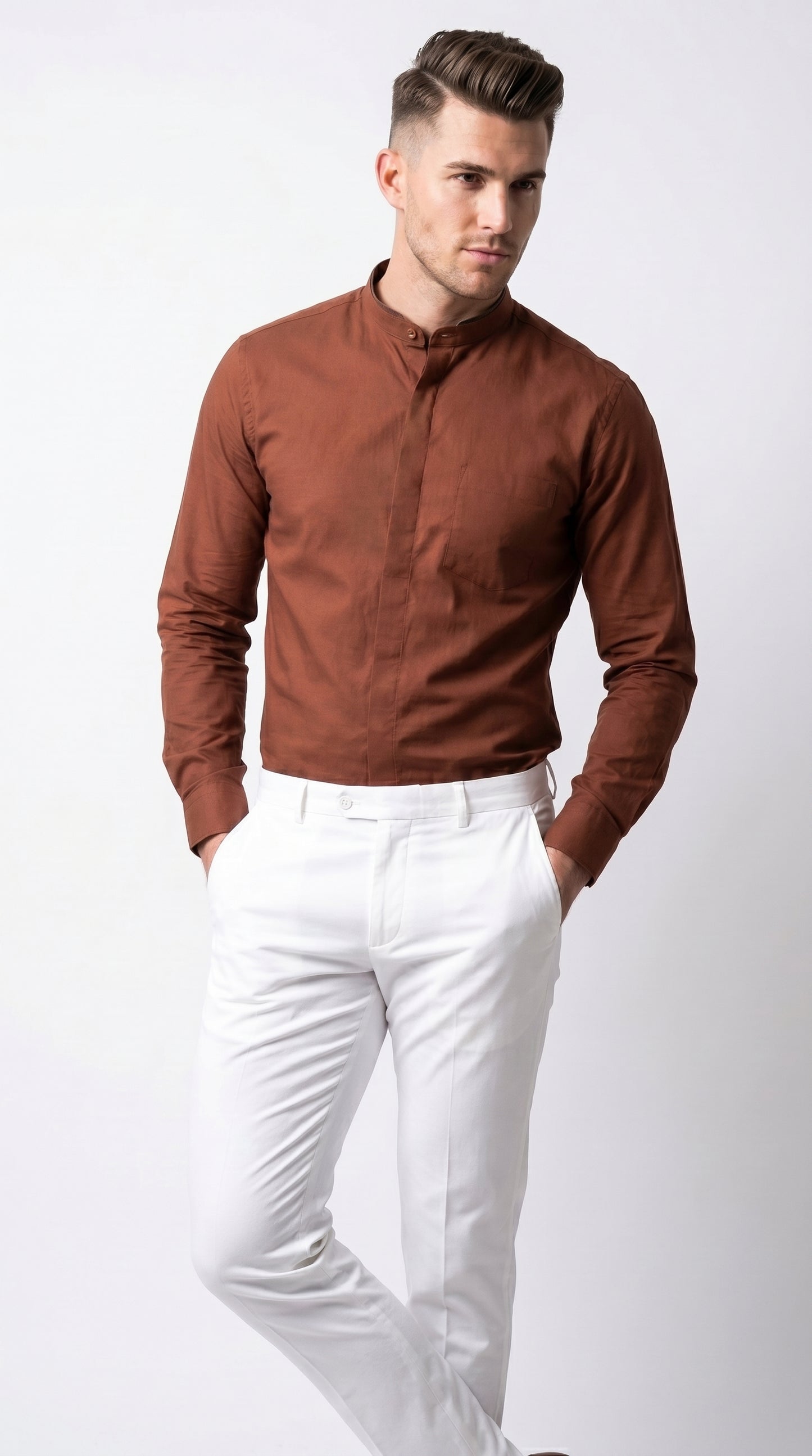 XL Mandarin Collarless Nehru Collar Preacher Round Style Multi-color Men's Dress Shirt