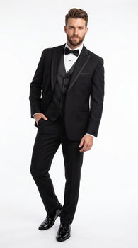 Men’s Black Modern 1 Button Tuxedo Suit with Satin Trim Peak Lapel and Wide Lapel Design