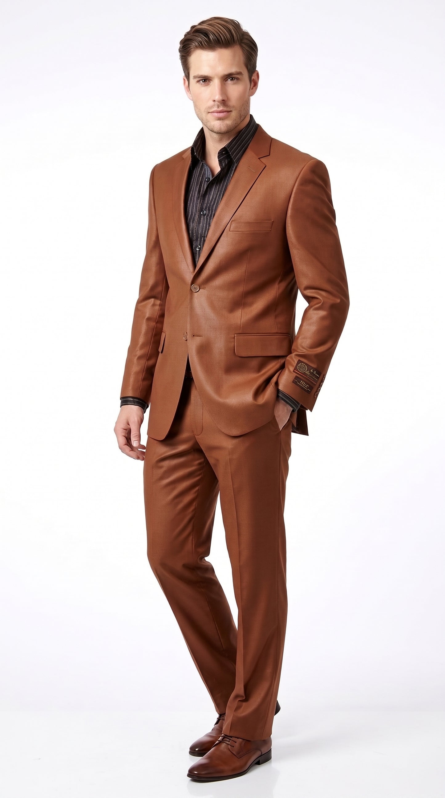 Men’s Rust Sharkskin 2-Piece Suit – Designer Two-Button Formal Suit with Sheen Finish