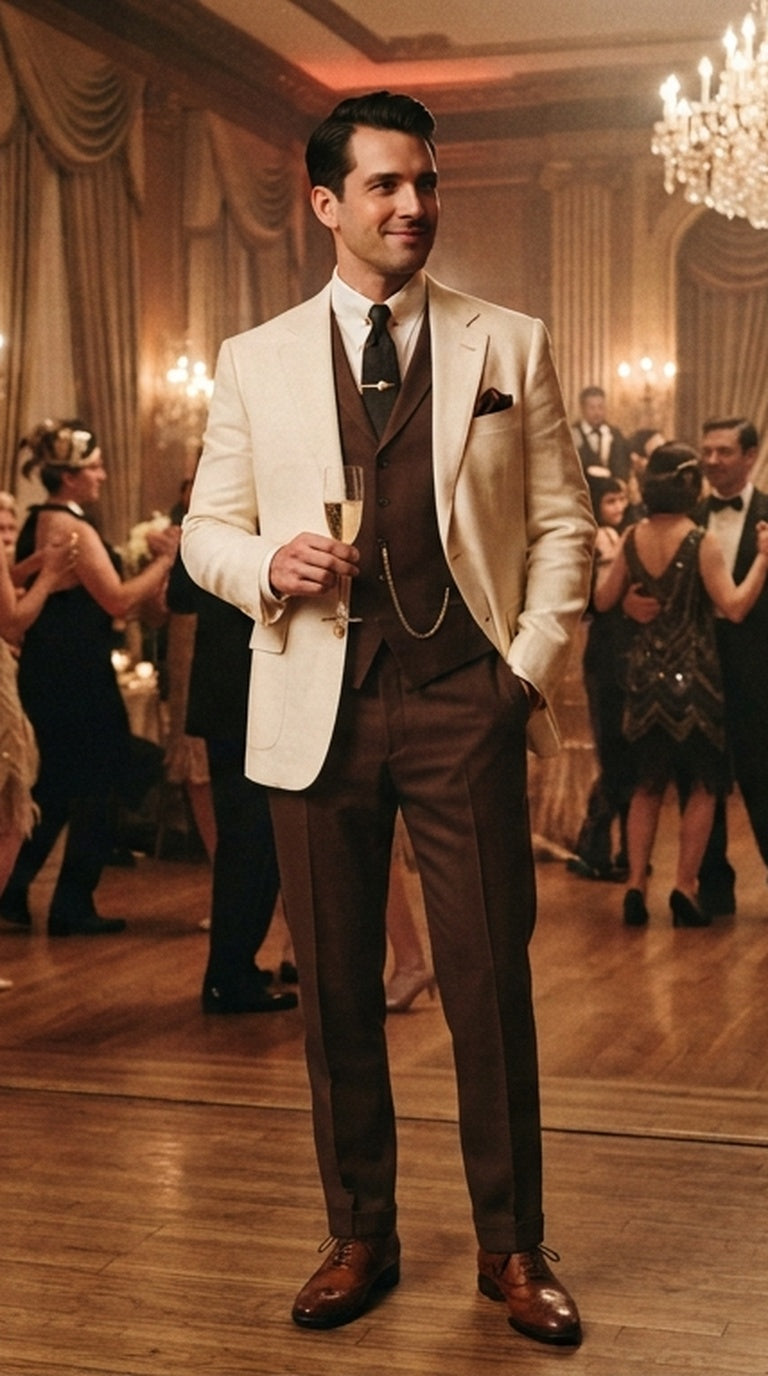 Great Gatsby 1920s Ivory Dinner Jacket with Brown Vest and Pants – Cream Off-White Collar Outfit