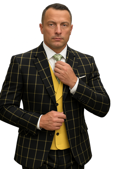 Athletic Suit - Black ~ Yellow Windowpane - Plaid Suit Modern Fit Side Vented Super 150's Wool Fabric - 100% Percent Wool Fabric Suit - Worsted Wool Business Suit