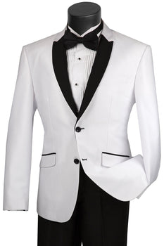 Mens 2 Buttton Slim Contrast Peak Lapel Tuxedo in White