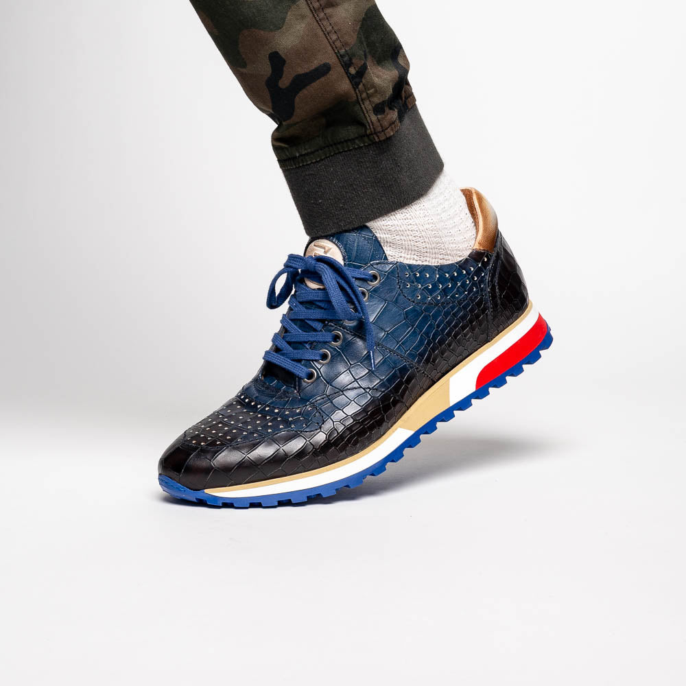 Zelli Rocco Hand-Burnished Crocodile Embossed Sneakers in Navy