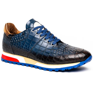 Zelli Rocco Hand-Burnished Crocodile Embossed Sneakers in Navy