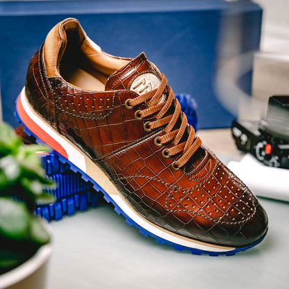 Zelli Rocco Hand-Burnished Embossed Crocodile Sneakers in Brown