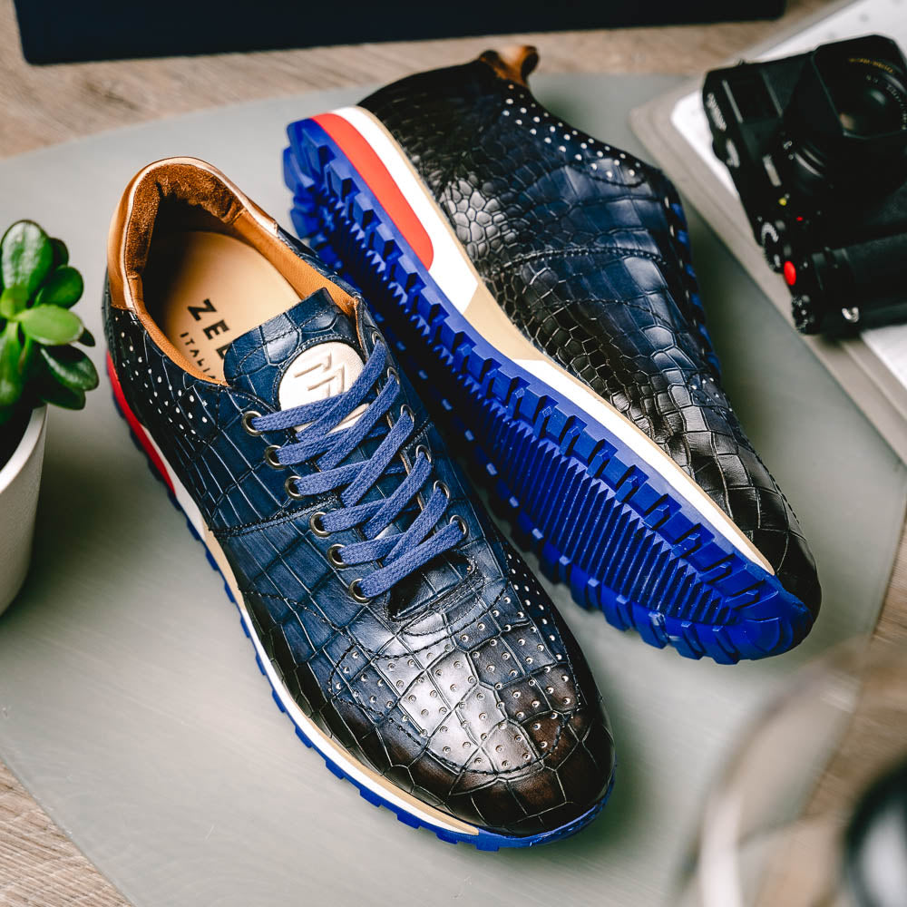 Zelli Rocco Hand-Burnished Crocodile Embossed Sneakers in Navy