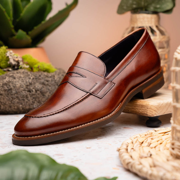 Zelli Roma Hand-Burnished Calfskin Penny Loafers in Cognac
