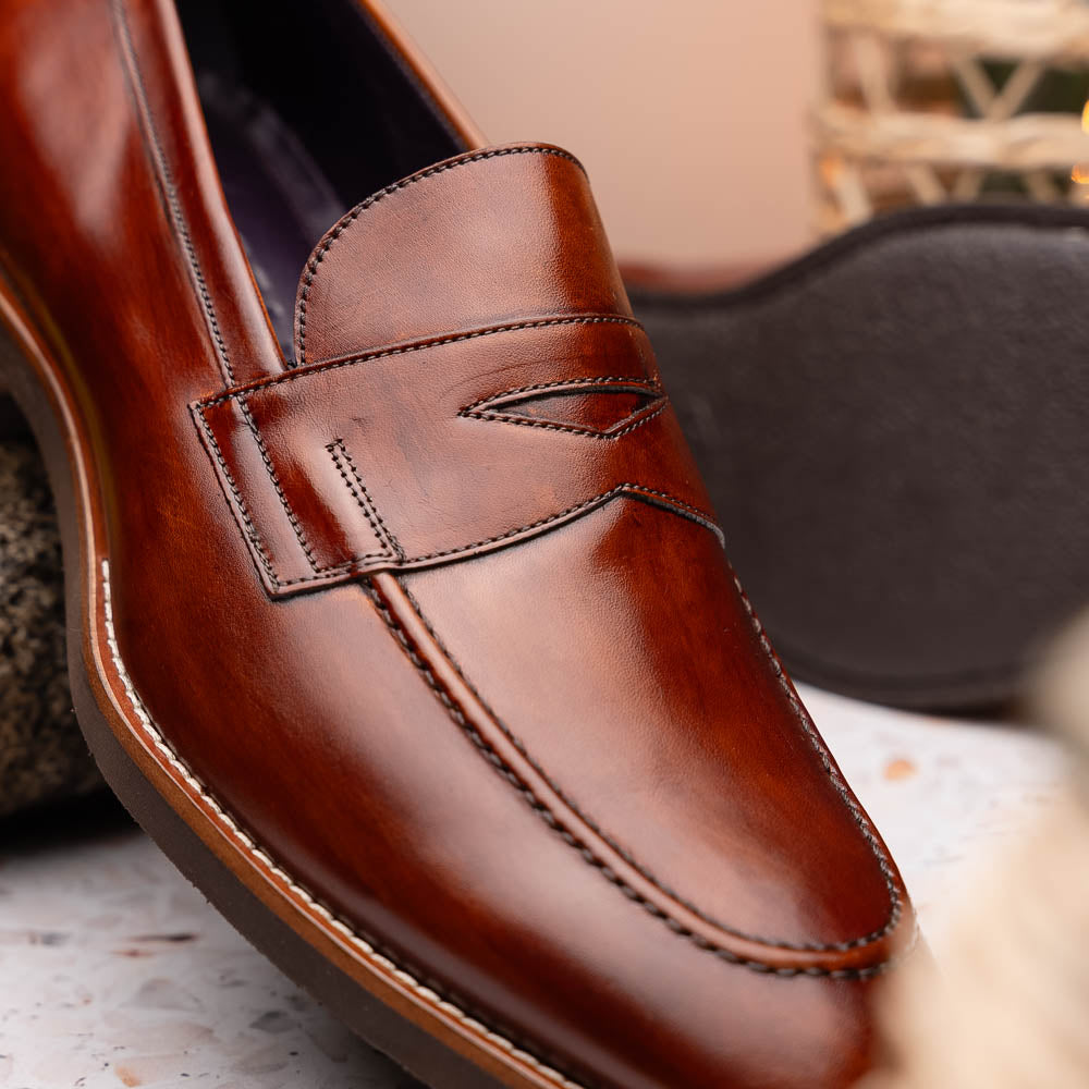 Zelli Roma Hand-Burnished Calfskin Penny Loafers in Cognac