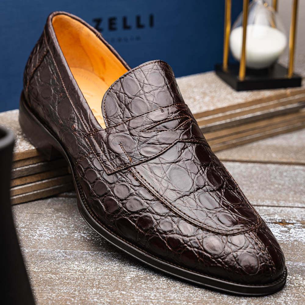 Zelli Roma Genuine Caiman Crocodile Penny Loafers in Nicotine
