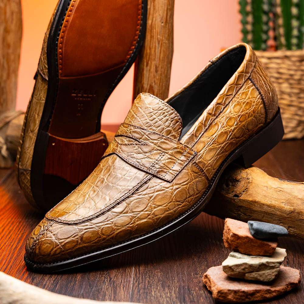 Zelli Roma Genuine Caiman Crocodile Penny Loafers in Taupe
