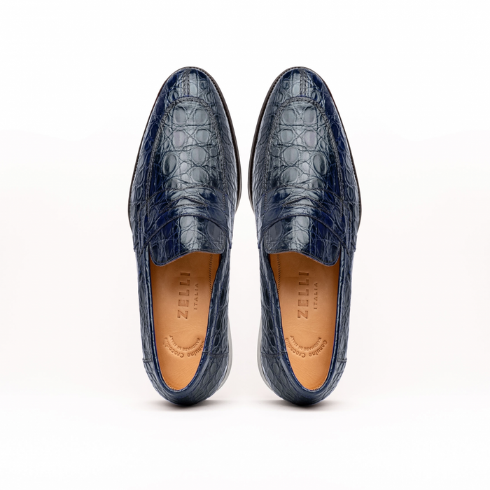 Zelli Roma Classic Penny Loafers in Genuine Caiman Crocodile Navy