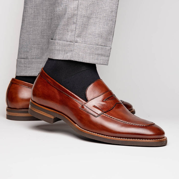 Zelli Roma Hand-Burnished Calfskin Penny Loafers in Cognac