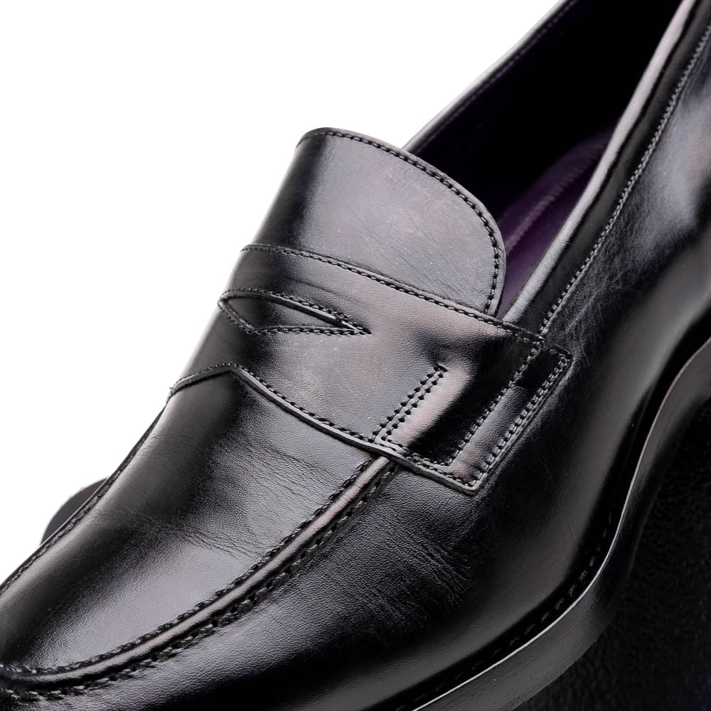 Zelli Roma Hand-Burnished Calfskin Penny Loafers in Black
