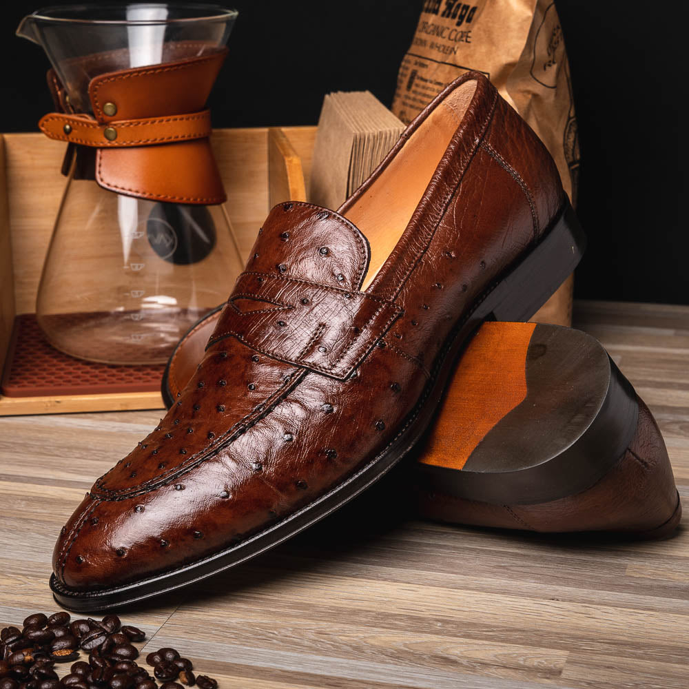 Zelli Roma Classic Penny Loafers in Genuine Brown Ostrich Quill