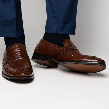 Zelli Roma Classic Penny Loafers in Genuine Brown Ostrich Quill