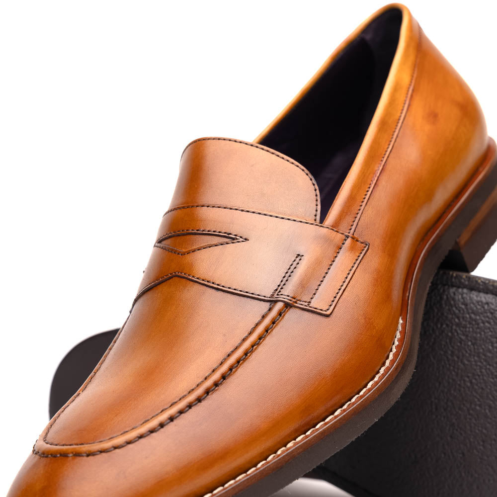 Zelli Roma Hand-Burnished Calfskin Penny Loafers in Camel