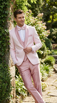 rose gold dress suit Rose Gold Pink Slim Fit Tuxedo 4 Piece with Satin Shawl Collar Beveled