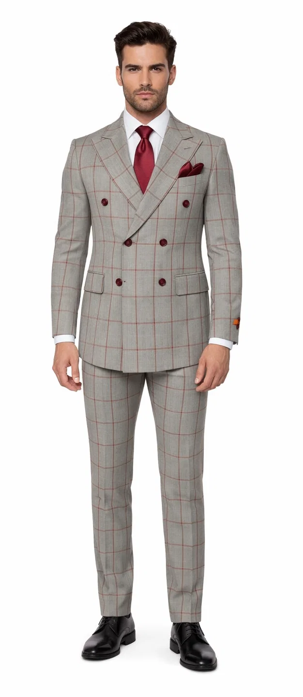 Suits With Baggy Pleated Pants - Wide Leg Pants 100% Wool - Classic Fit in Color Grey with Red Plaid by Rossiman