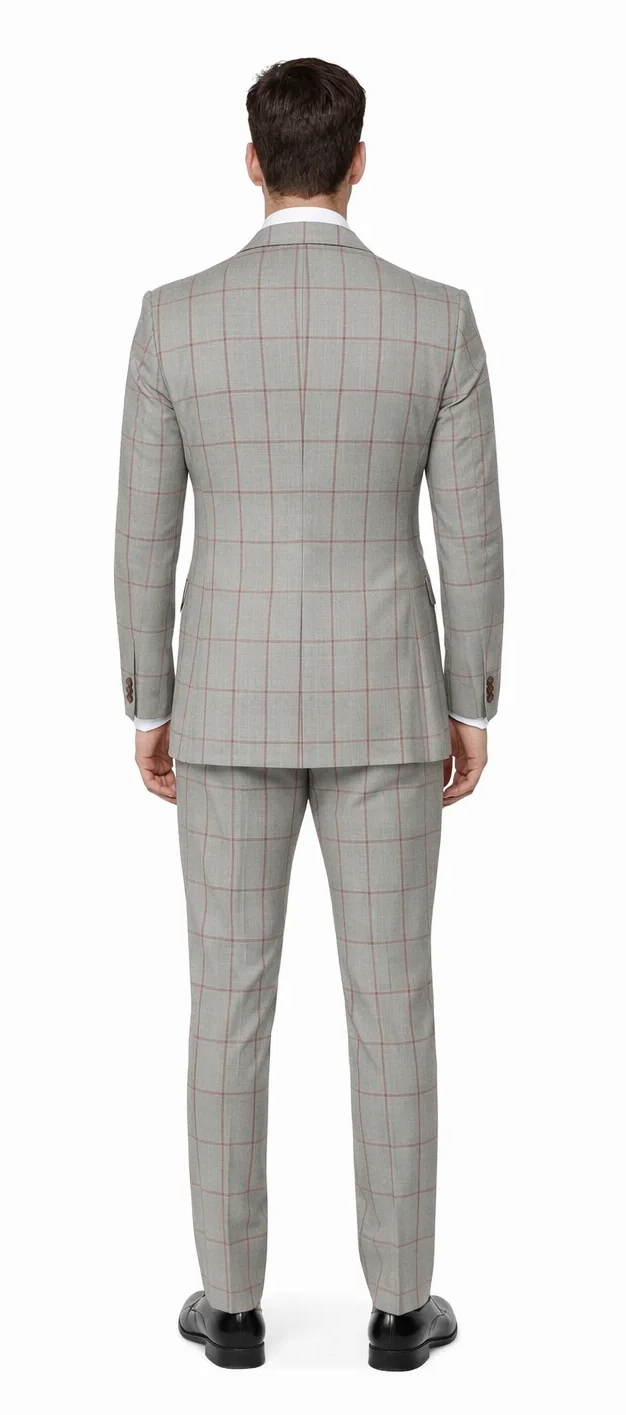 Suits With Baggy Pleated Pants - Wide Leg Pants 100% Wool - Classic Fit in Color Grey with Red Plaid by Rossiman
