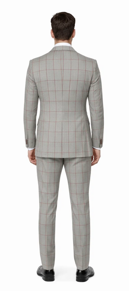 Suits With Baggy Pleated Pants - Wide Leg Pants 100% Wool - Classic Fit in Color Grey with Red Plaid by Rossiman