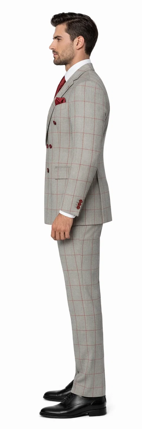 Suits With Baggy Pleated Pants - Wide Leg Pants 100% Wool - Classic Fit in Color Grey with Red Plaid by Rossiman