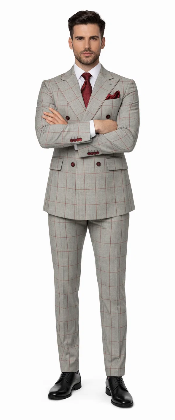 Suits With Baggy Pleated Pants - Wide Leg Pants 100% Wool - Classic Fit in Color Grey with Red Plaid by Rossiman