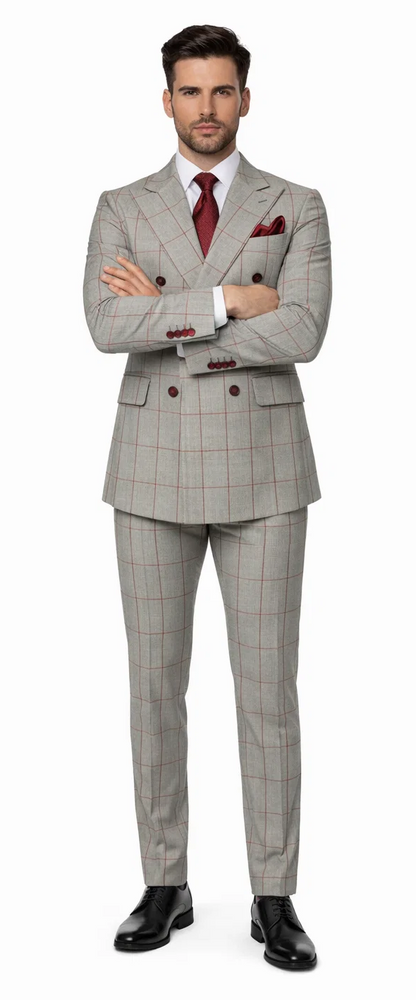 Suits With Baggy Pleated Pants - Wide Leg Pants 100% Wool - Classic Fit in Color Grey with Red Plaid by Rossiman